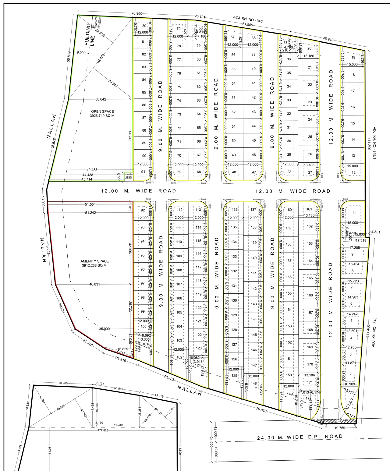Proposed layout plan of A3 Greenfield Highway City showing 172 plots, internal roads, open space and amenity space