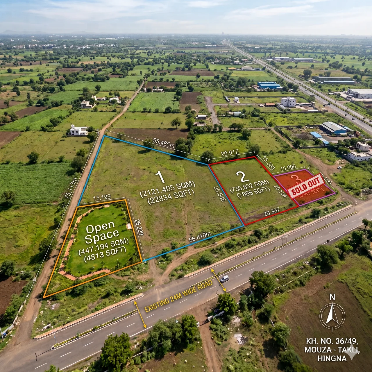 Aerial view of A3 Takli at Mouza Takli, Hingna, with plots 1-3, the open space and the 24 m wide road marked